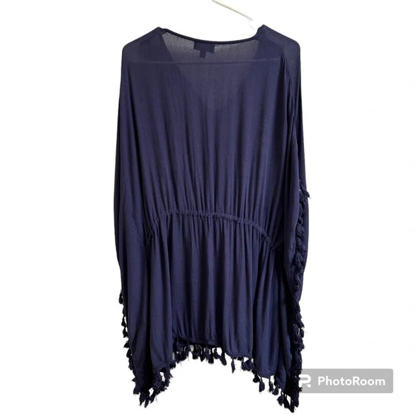 Fig & Vine Navy Ivory Embroidered Pullover Tunic Top Women’s S/M Tassel Flowy - Picture 2 of 14